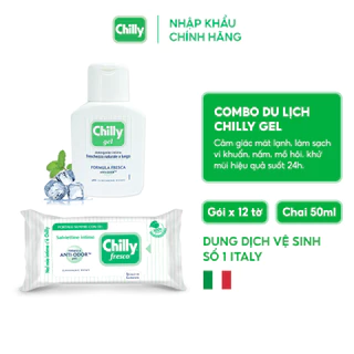 Combo du lịch Dung dịch vệ sinh phụ nữ Chilly Gel 50ml + Khăn lau phụ khoa Chilly Fresco gói 12 tờ bạc hà khử mùi