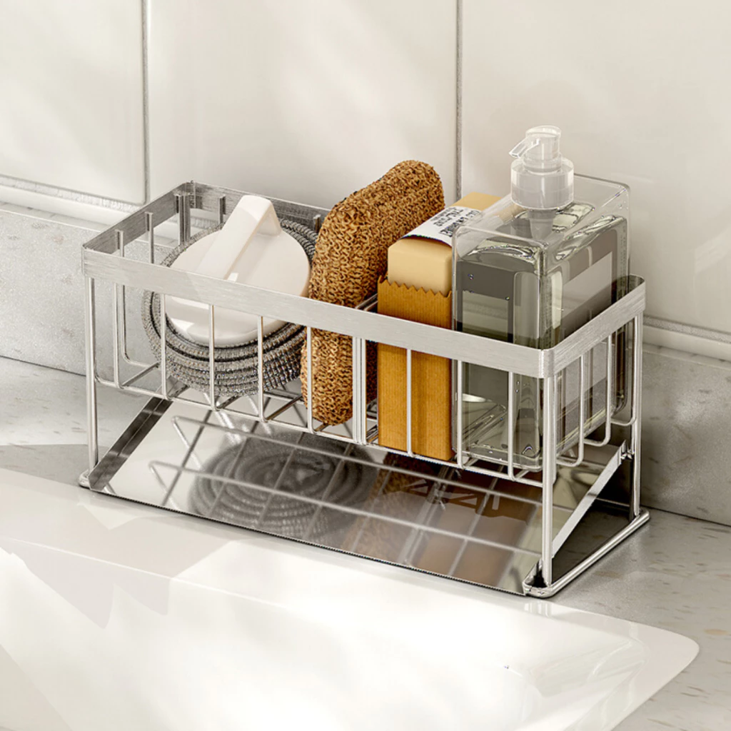 Kệ Đựng Đồ Rửa Chén Bát Inox 304 Chia Ngăn Khay Giá Để Đồ Nhà Tắm Nhà Bếp Kèm Đĩa Thoát Nước Tiện Lợi