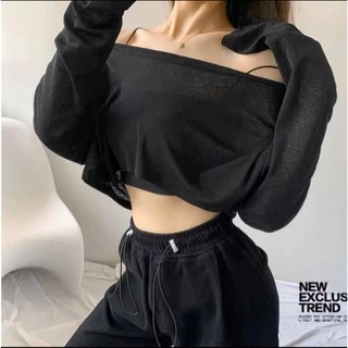 Áo Thun Croptop Tay Dài Trễ Vai Màu Trơn Đen Trắng Chất Cotton Xước