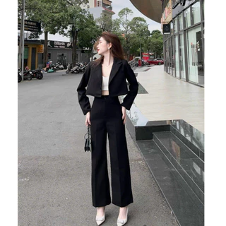 Set bộ vest 3 món thời trang nữ chất cotton lạnh có lót cổ vest tay dài quần dài lưng thun ống đứng maxi tôn dáng