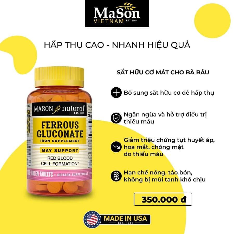 Sắt hữu cơ Mason Natural bổ máu, giảm đau đầu, chóng mặt do thiếu máu