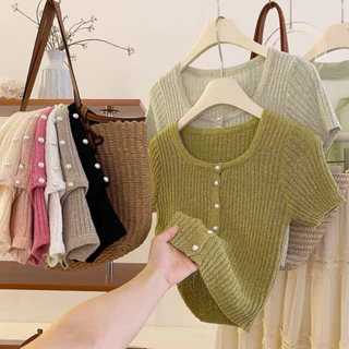 Áo Cadigan Nữ Khuy Đính Đá Chất Mongterghi, Áo Thun Nữ Cổ Tròn Vuông Dáng Croptop Hàng Cao Cấp Cổ Tròn Ngắn Tay