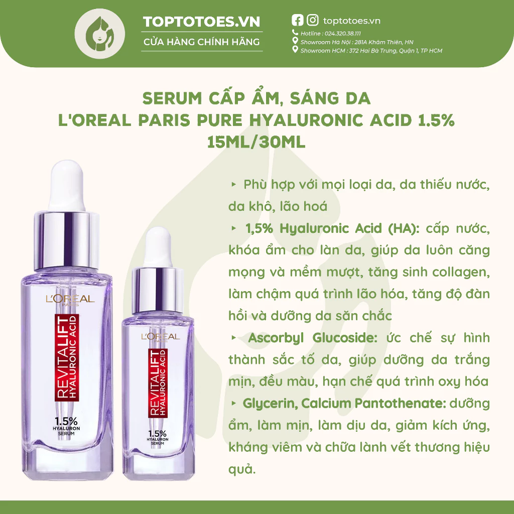 Serum siêu cấp ẩm sáng da L'Oreal Paris Pure Hyaluronic Acid 1.5% 15ml/30ml [NHẬP KHẨU CHÍNH HÃNG 100%]