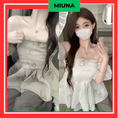 Áo sơ mi tay phồng Miuna chiffon cách điệu, Áo kiểu trễ vai họa tiết cúp ngực quyến rũ S04