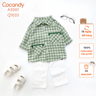 Set đồ cho bé -Áo dài caro XANH LÁ 2 túi lệch và Quần dài kaki TRẮNG 2 túi phối cúc cho bé của COCANDY mã A3001,Q1033