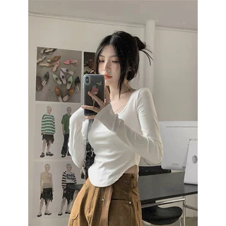 HML Áo Thun Tay Dài vạt bầu Nữ Croptop  Giữ Nhiệt Phong Cách Hàn Quốc A9