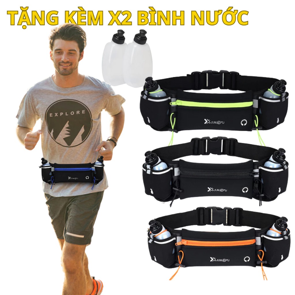Đai đeo hông chạy bộ JUNLETU, túi đựng điện thoại đeo bụng tặng kèm 2 bình đựng nước