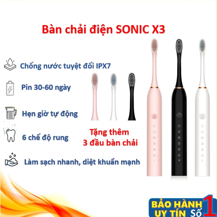Bàn Chải Điện Đánh Răng Sonic X-3 Thông Minh 6 Chế Độ, Máy Làm Sạch Răng Đa Năng, Kèm 4 Đầu Thay Thế