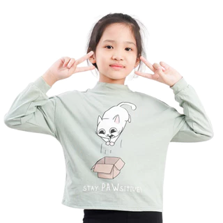 Áo dài tay bé gái xuất dư, áo thu đông cổ cao cho trẻ em chất cotton in hình cute