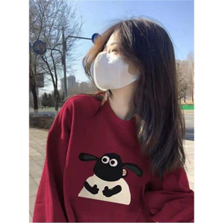 Áo cổ tròn dài tay thu đông sweater in hình cừu dễ thương