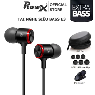 Tai nghe có dây siêu bass Poermax E3 âm thanh vòm Hifi tích hợp micro và nút điều khiển âm lượng, giắc cắm chuẩn 3.5mm