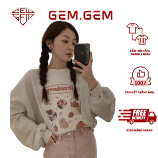 Áo sweater nỉ bông mịn STRAWBERRY tay phồng form thụng nam nữ unisex, sweater cổ tròn ulzzang xám trắng basic Hàn Quốc