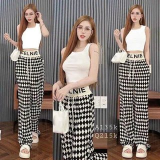 Set Bộ Thun Gân Áo Ba Lỗ Dáng Croptop Kèm Quần Dài Ống Suông Họa Tiết Kẻ Sọc