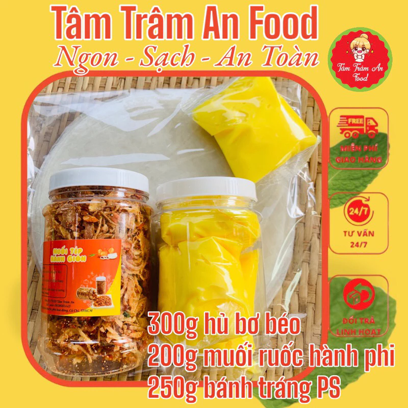 Bánh tráng phơi sương 250g, 200g muối tôm hành, 300g bơ vàng hủ