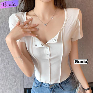 Áo Croptop Tay Ngắn CÚC BẤM SỌC Cổ Vuông Ôm Body, Áo Thun Croptop Kiểu Vạt Bầu Chất Thun Gân GUVIA CR171