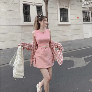 Set bộ 3 món cùng tone màu cute Chân váy kaki dáng chữ A kèm Áo croptop ôm + Khoác ngoài bao xịn xò