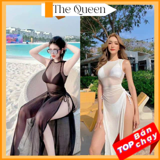 Đầm voan lưới tà xẻ dây rút đi biển áo choàng dài phối bikini sang chảnh The Queen 079