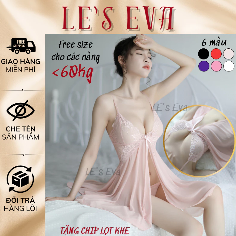 Set đầm ngủ sexy xẻ trước gợi cảm, váy ngủ 2 dây ren xuyên thấu bigsize<60kg tặng chip lọt khe 5044