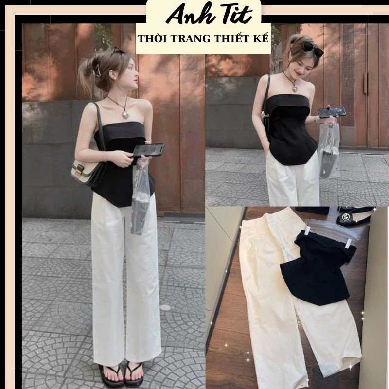 Set Áo Đen Cúp Ngực Có Đệm Mix Quần Suông Trắng Đi Chơi Đi Tiệc Siêu Xinh - Anh Tít Boutique