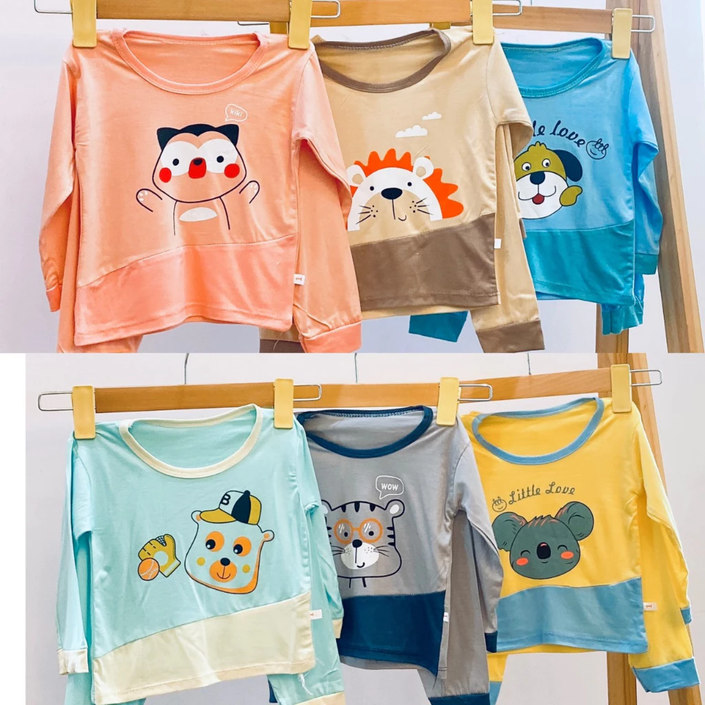 (Bé 5-15kg)Bộ Dài Tay Thun Lạnh In Hình Động Vật Dễ Thương Cho Bé trai, bé gái