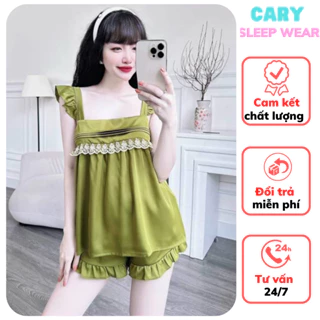 Set bộ đồ ngủ nữ áo tay cánh tiên phổi ren quần đùi viền bèo bộ ngủ 2 dây lụa satin siêu xinh CARY