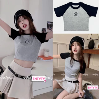 Áo croptop nữ thêu chữ H đẹp độc, áo croptop tay raglan