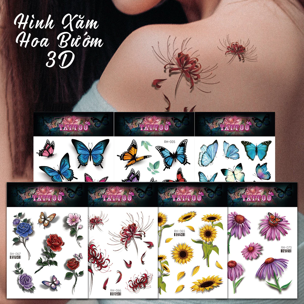 [Loại Ngắn Ngày] Hình Xăm Dán Nhỡ Hoa Bướm Chụp Ảnh, Đóng Phim, Dễ Dàng Tẩy Xóa - Dùng 2-5 Ngày (15x10cm)