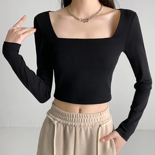 Áo Thun Nữ Cổ Vuông Nỉ Dài Tay Dáng Ngắn Áo Croptop Dài Tay Quảng Châu Cao Cấp Thun Thu Đông Body LIZ-A349.1