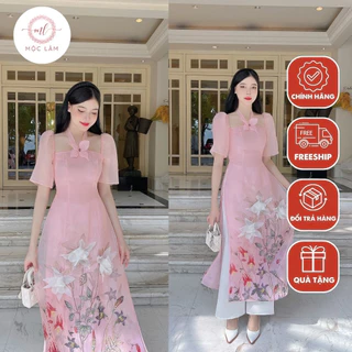 Áo dài cách tân hồng cổ yếm đính kết hoa nổi chất liệu organza cao cấp -  Shop Áo Dài Mộc Lâm - AD73