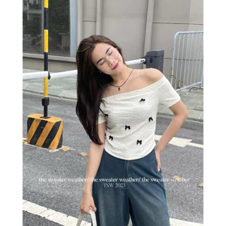 (Sẵn) ÁO TRỄ VAI XỐP GẤM ĐÍNH NƠ doubleh.clo - Áo thun xốp đính nơ dáng ngắn croptop co giãn ulzzang tiểu thư Hàn Quốc