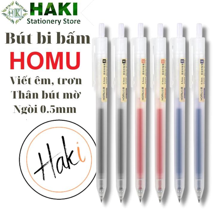 Bút bi bấm HAKI mực gel màu đen đỏ xanh ngòi 0.5mm viết trơn ra mực đều dụng cụ văn phòng phẩm B61