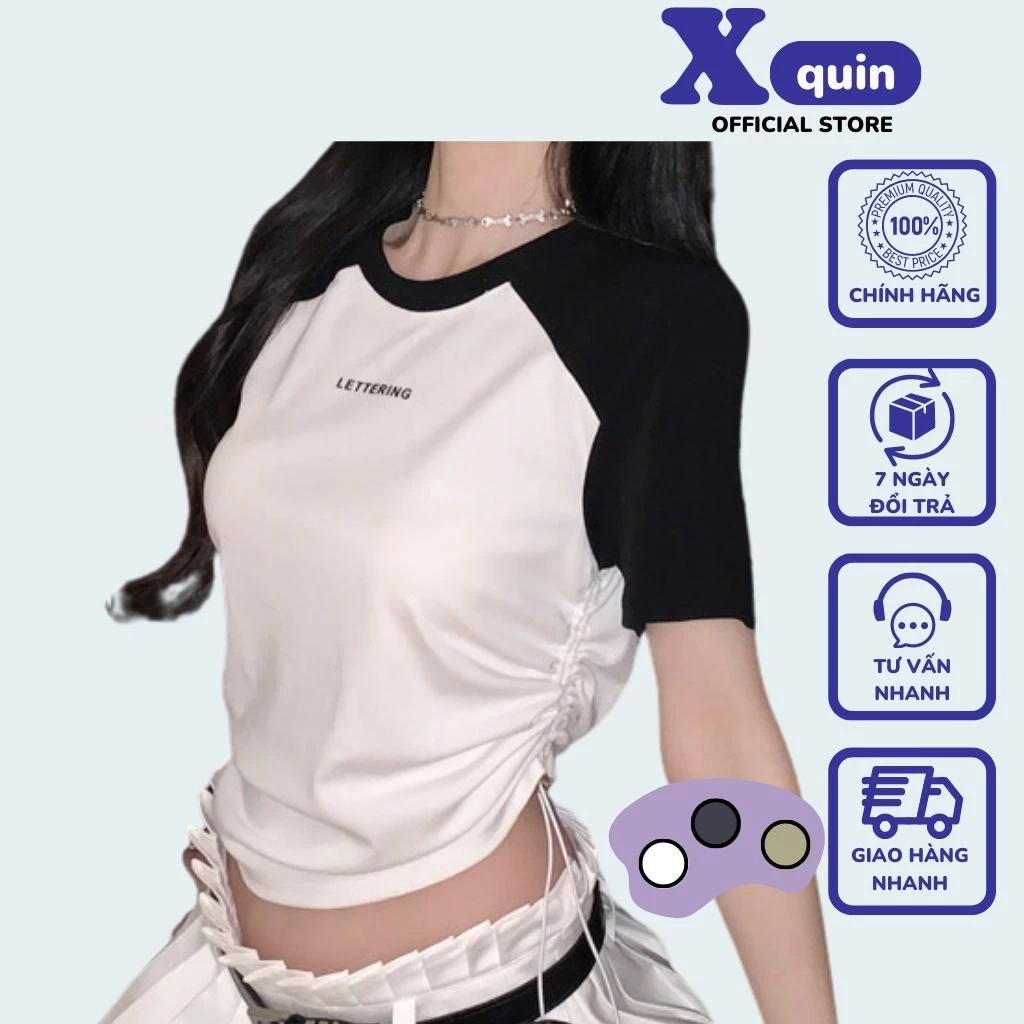 Áo croptop nữ tay ngắn phối màu kèm rút dây 2 bên Xquin, Áo kiểu nữ ôm body in chữ trước ngực chất borip dày dặn