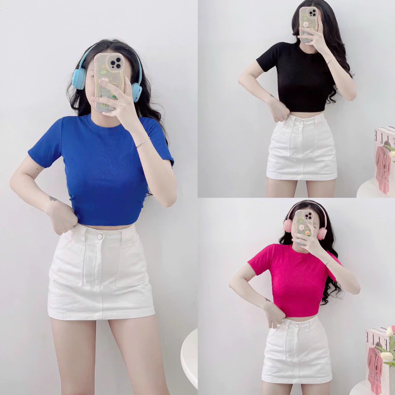 mã 01- áo thun croptop tay ngắn thun gân mềm mịn