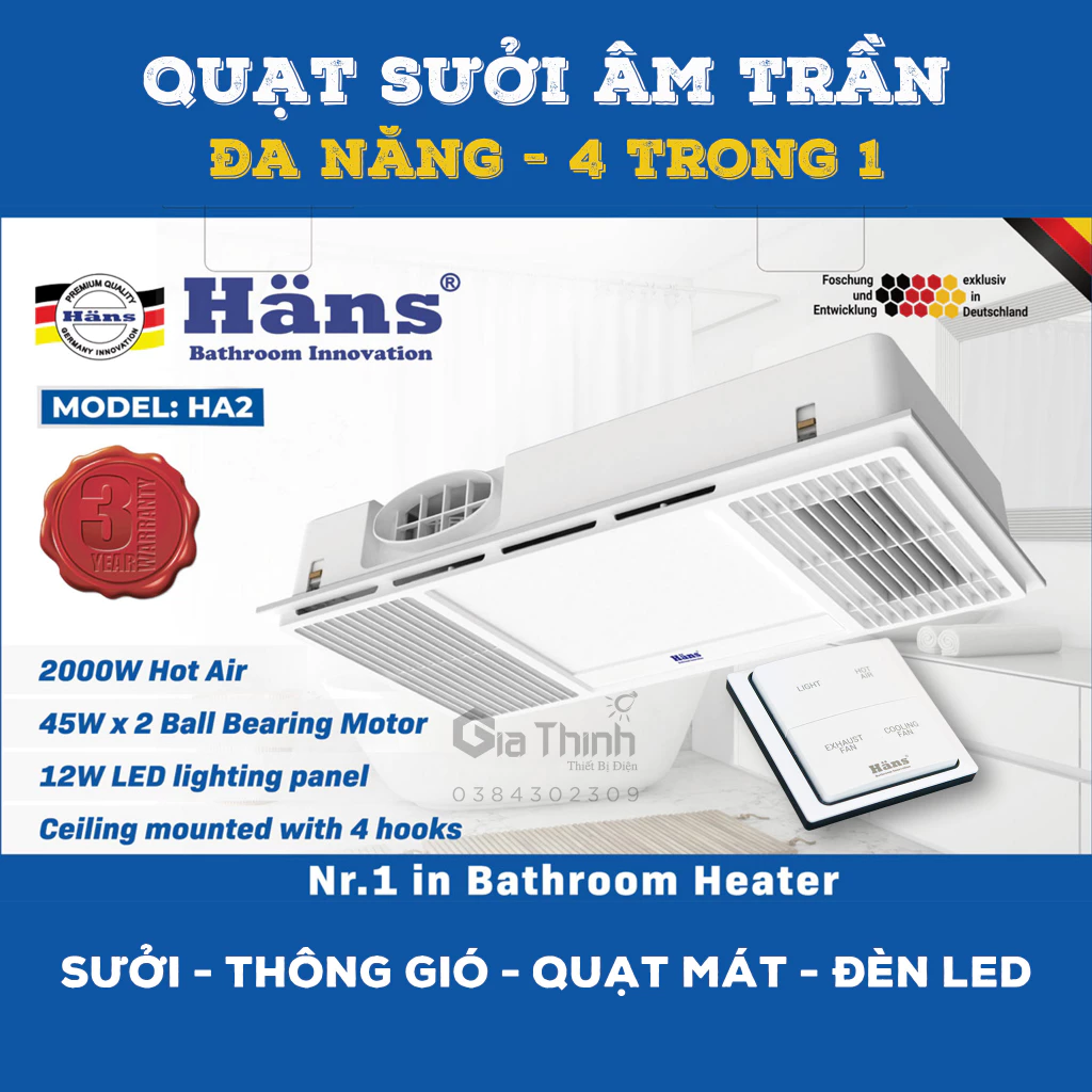 Quạt sưởi nhà tắm âm trần Hans HA2 đa năng 4 trong 1 thông gió, sưởi ấm, làm mát, chiếu sáng kích thước 30x60cm