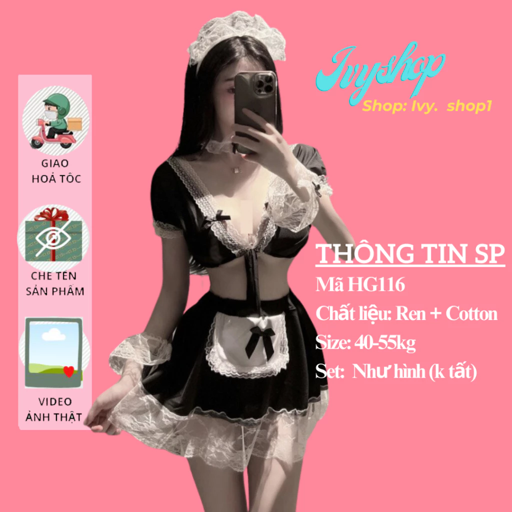 Bộ Đồ Ngủ Cosplay Giúp Việc - HG116 Đầm Ngủ Cosplay Hầu Gái Phối Ren Sexy 100 Giống Hình