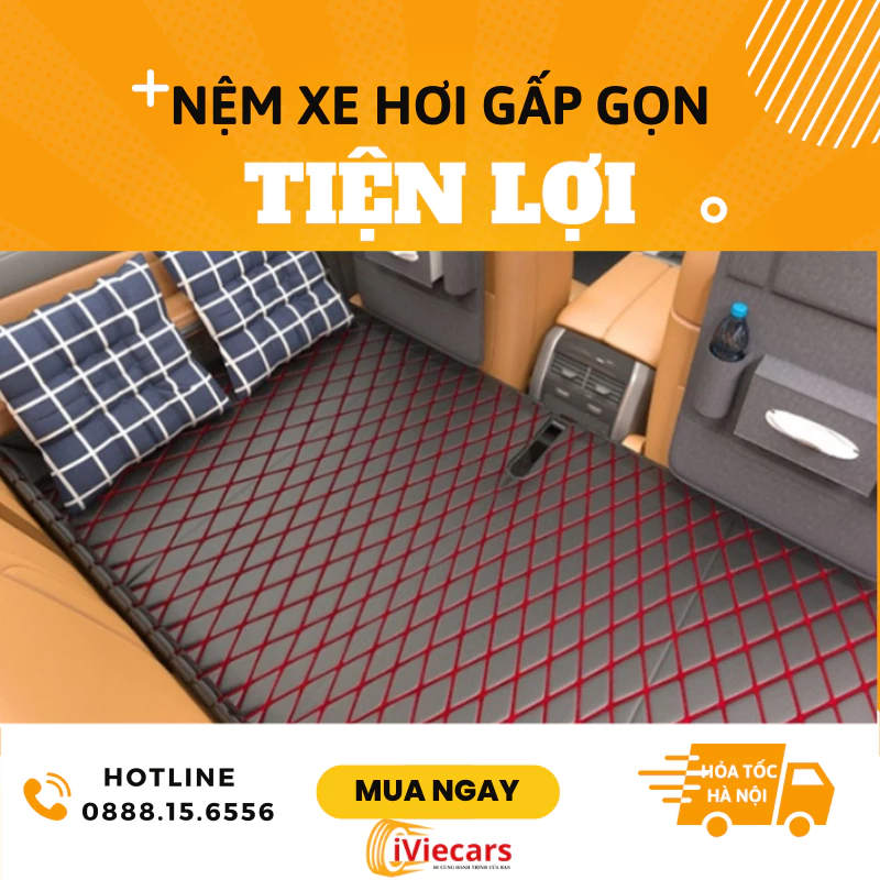 Nệm xe hơi nằm ngủ gấp gọn bằng da cao cấp, đệm ô tô ghế sau cho xe 4 5 7 chỗ và bán tải dài 1m2 dạng treo không cần bơm