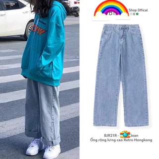 Quần Jean nữ ống rộng Ulzzang lưng cao phong cách Retro Jean xanh nhạt [Có Bigsize]- Jean Baggy