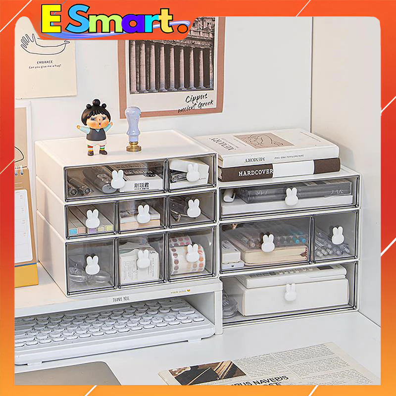 Tủ Đựng Đồ Đa Năng Hình Thỏ Để Bàn - Hộp Đựng Đồ Mỹ Phẩm Mini Decor Bàn Học, Bàn Làm Việc Có Ngăn Kéo Xếp Tầng Tiện Dụng