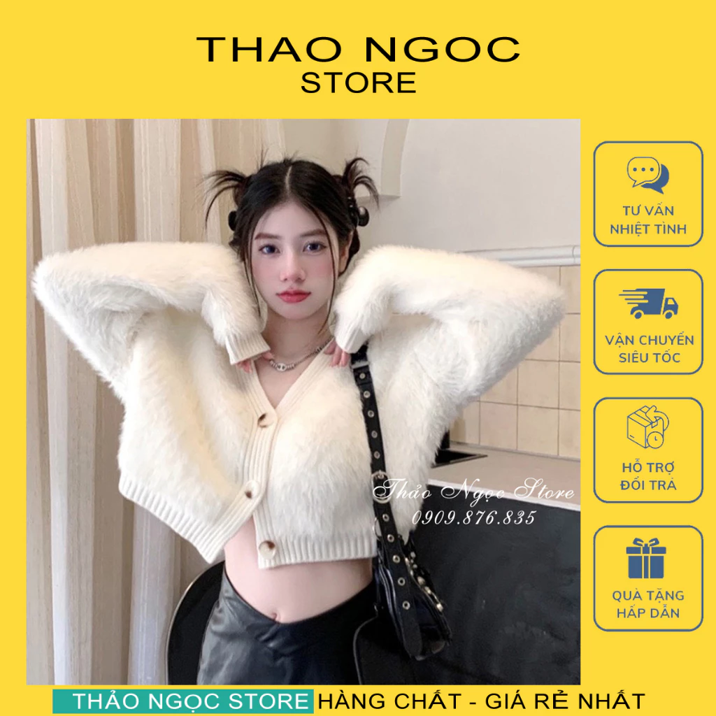 Áo len lông thỏ nữ croptop tay dài cổ tim nút ngọc hàng nhập QC! (có sẵn, hình thật) THẢO NGỌC STORE