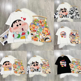 Set Bộ Hoạt Hình Áo Thun Shin Chan 1 Tay Lỡ Phối Quần Cartoon Đùi Dáng Rộng Unisex Oversize Ulzzang - MM