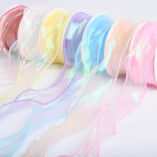 Cuộn Dây Ruy Băng 8M x 4cm voan lượn sóng bo viền hai biên đủ màu Pastel-Hologram dùng gói quà/thắt nơ/buộc tóc/cột hoa