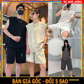 et bộ tanktop siêu hot unisex form rộng áo thun ba lỗ kèm quần short trơn bốn màu đen kem trắng xám - unisex