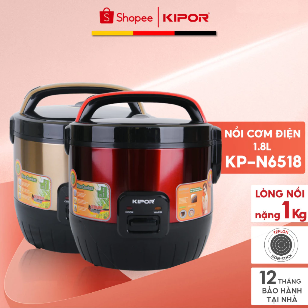 Nồi cơm điện 1.8L KIPOR KP-N6518, Dung tích lớn, chống dính TEFLON 3mm 1Kg,Bảo hành tại nhà 12 tháng