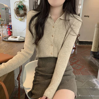 Cardigan cổ polo dài tay khuy cài tròn thu đông