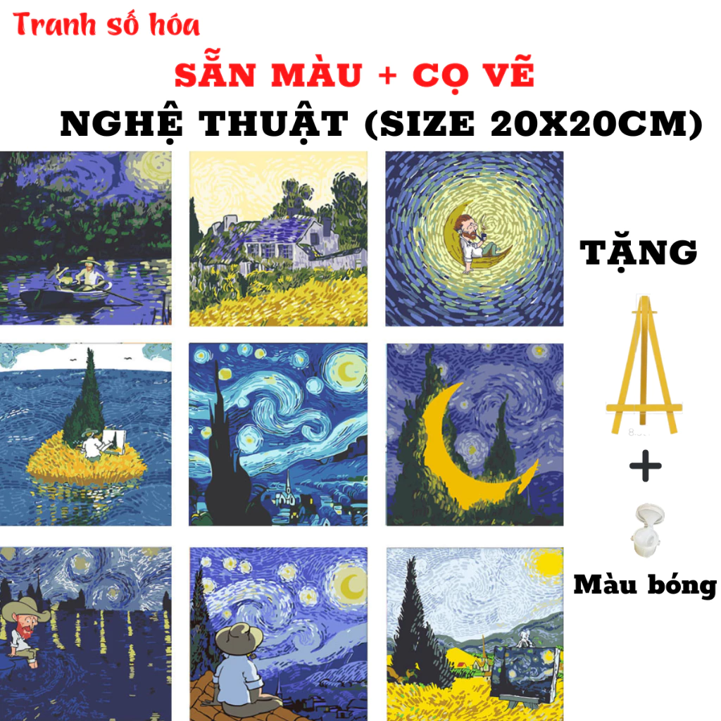 Tranh tô màu theo số họa tiết ĐÊM ĐẦY SAO kèm màu size 20x20cm, Tranh sơn dầu tô màu theo số sẵn khung