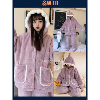 Bộ ngủ lông CÁ MẬP TÍM, bộ mặc nhà pijama quần áo ngủ dài tay thu đông xuân