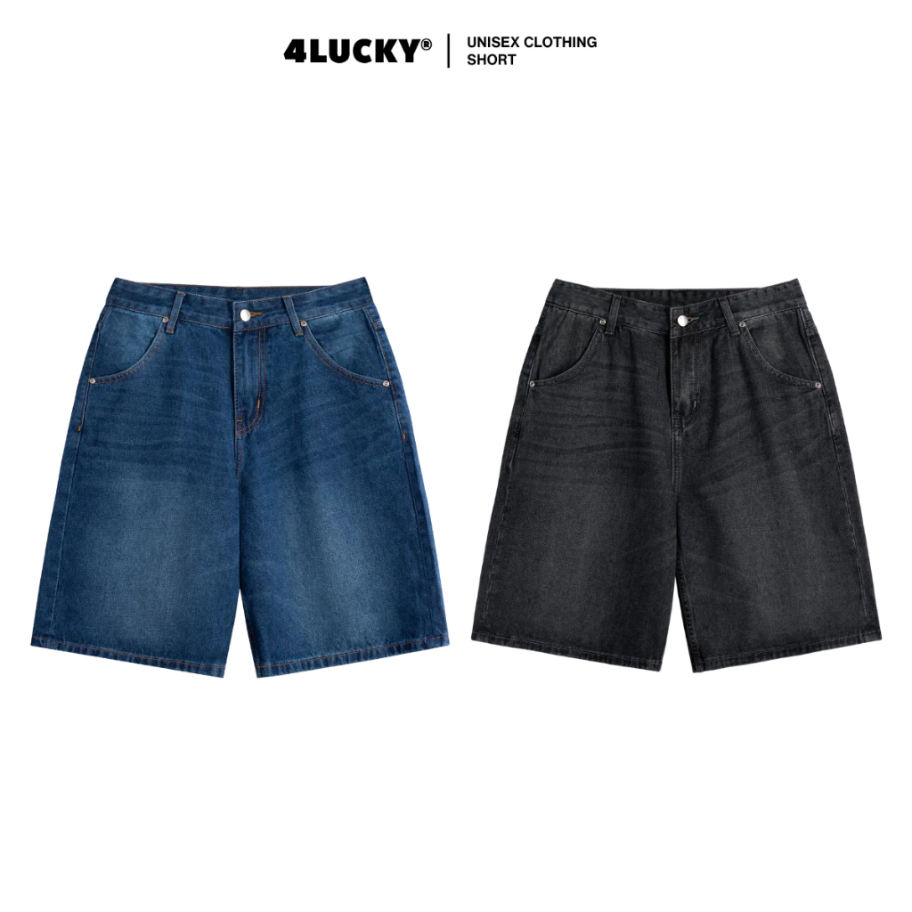 Quần Short Jean 4LUCKY 6206, Quần Short Unisex Nam Nữ Ống Rộng Style Hàn Quốc