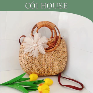 Túi cói giỏ cói lục bình dáng bầu quai mây size 23cm - Cói House