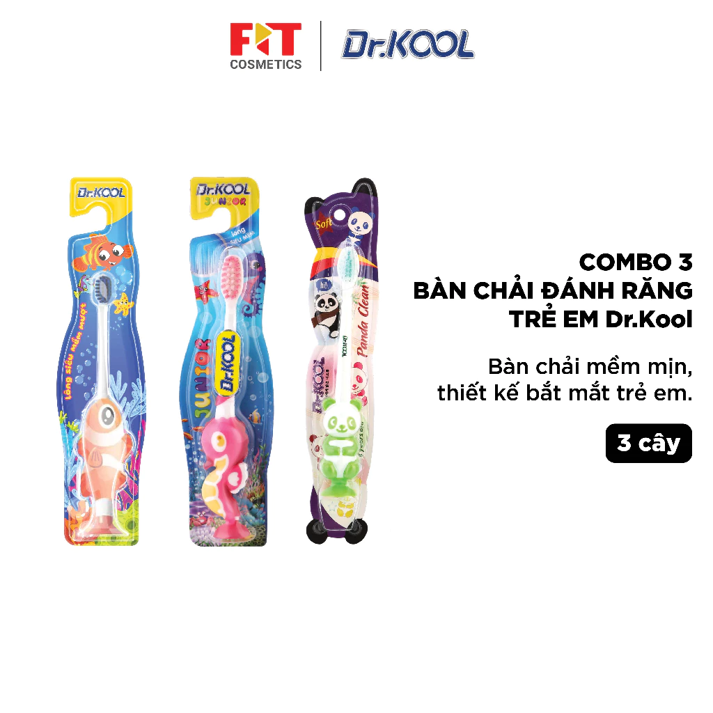 Combo 3 bàn chải đánh răng trẻ em Dr.Kool Kids kháng khuẩn, siêu mềm, bảo vệ nướu