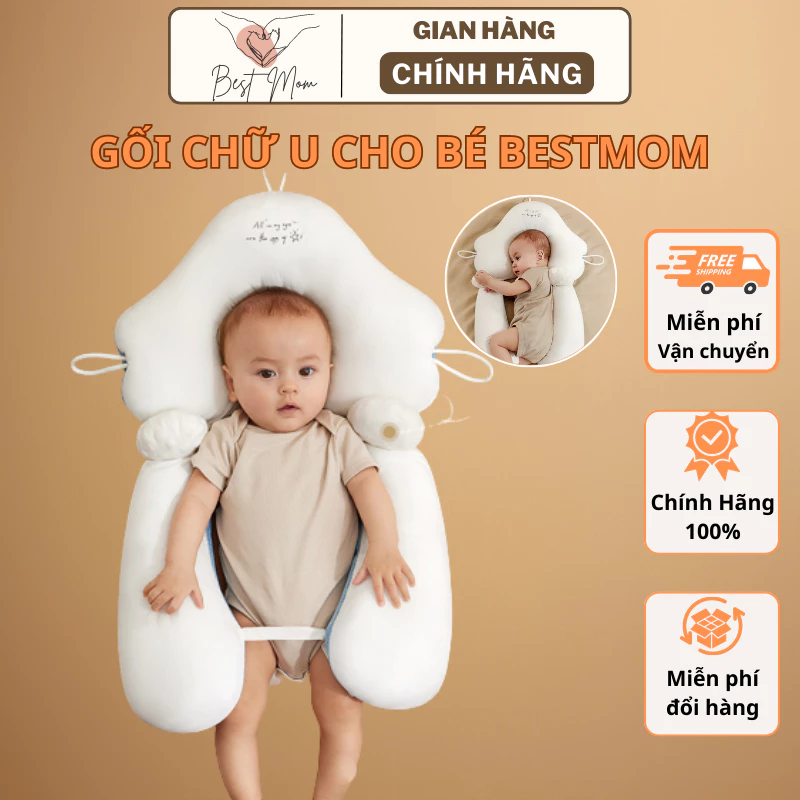 Gối chữ U cho bé sơ sinh BESTMOM, gối chống méo đầu, chống giật mình, có dây rút điều chỉnh 3 hướng ôm trọn đầu bé